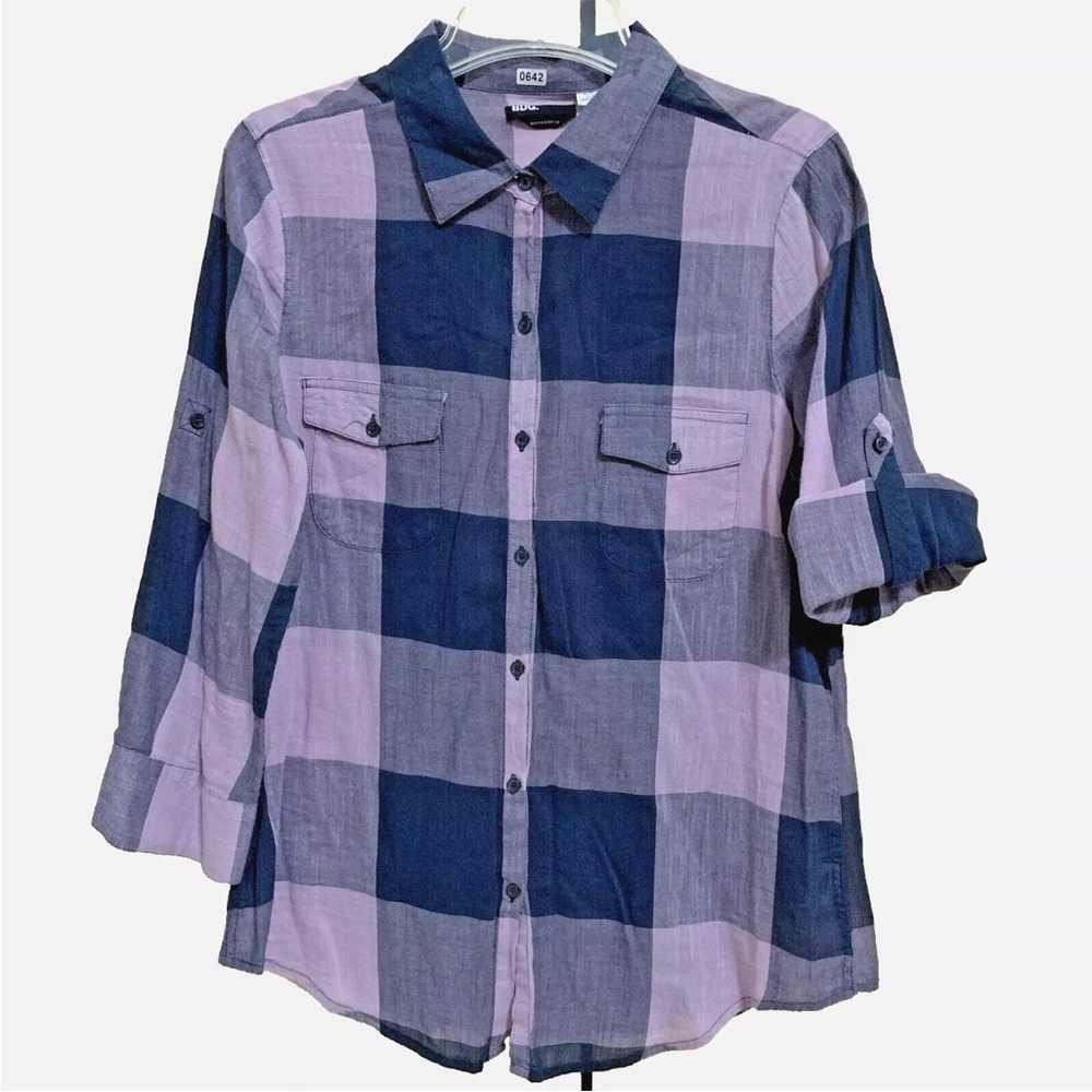 BDG Boyfriend Fit Women's Long Sleeve Button Up Shirt Cotton Plaid Navy Purple M